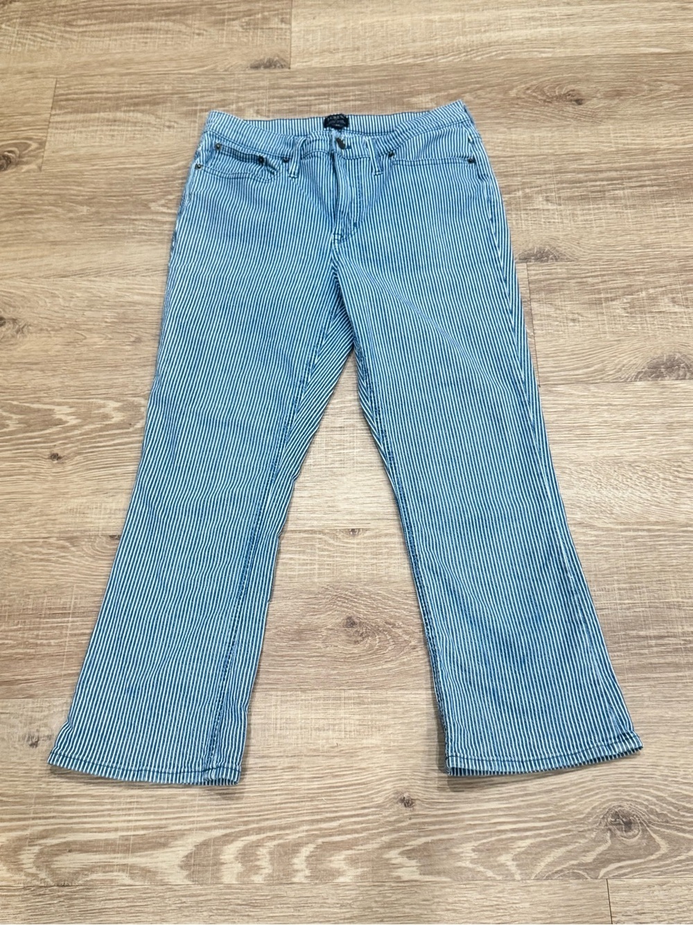 J.Crew High Rise Crop Flare Railroad Stripe Jeans Size 29 Blue White Denim